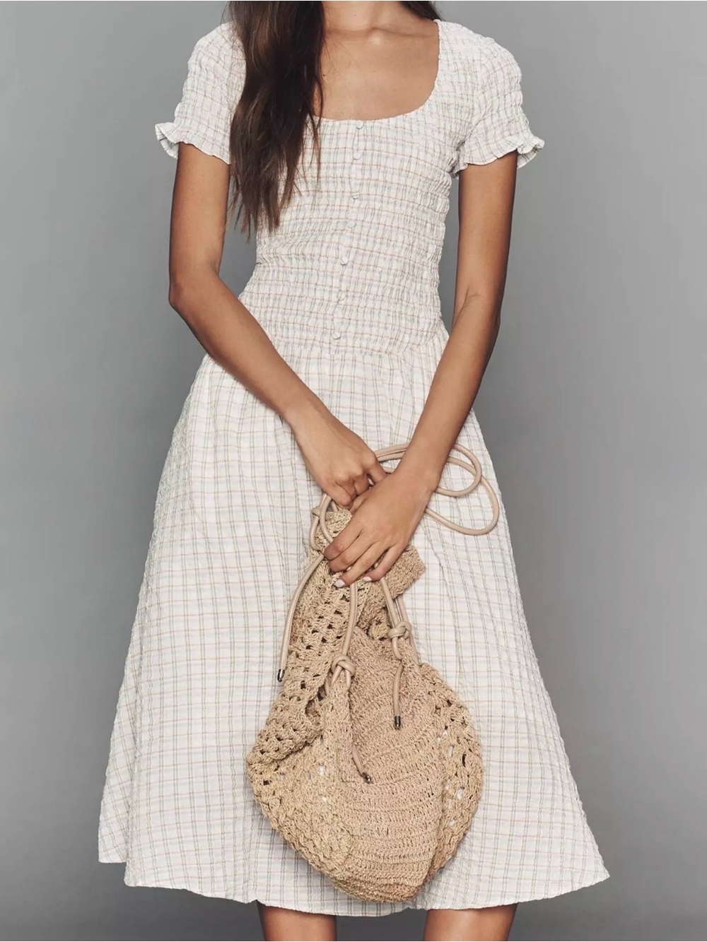 NEW Smocked Short-Sleeve Square Neck Midi Dress Medium